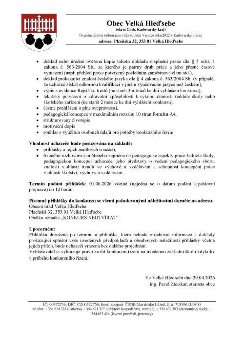 Vyhlášení konkurzního řízení na místo ředitele školy